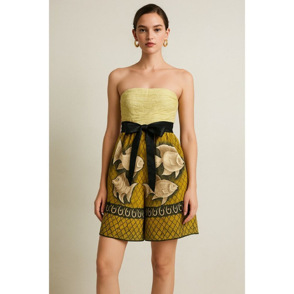 Anthropologie Vanessa Virginia Baxter Bay Fish Dress Size 0‎ Yellow Cotton NWT